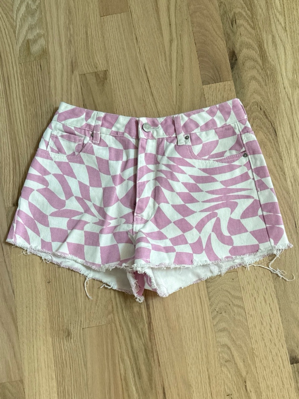 PacSun Denim Pink White Check Groovy Cutoff Shorts W's Sz 26 High Rise Festival